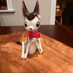 Vintage Deer Figurine, Red Bow Tie, Big Eyes, Mid Century Deer  anthropomorphic